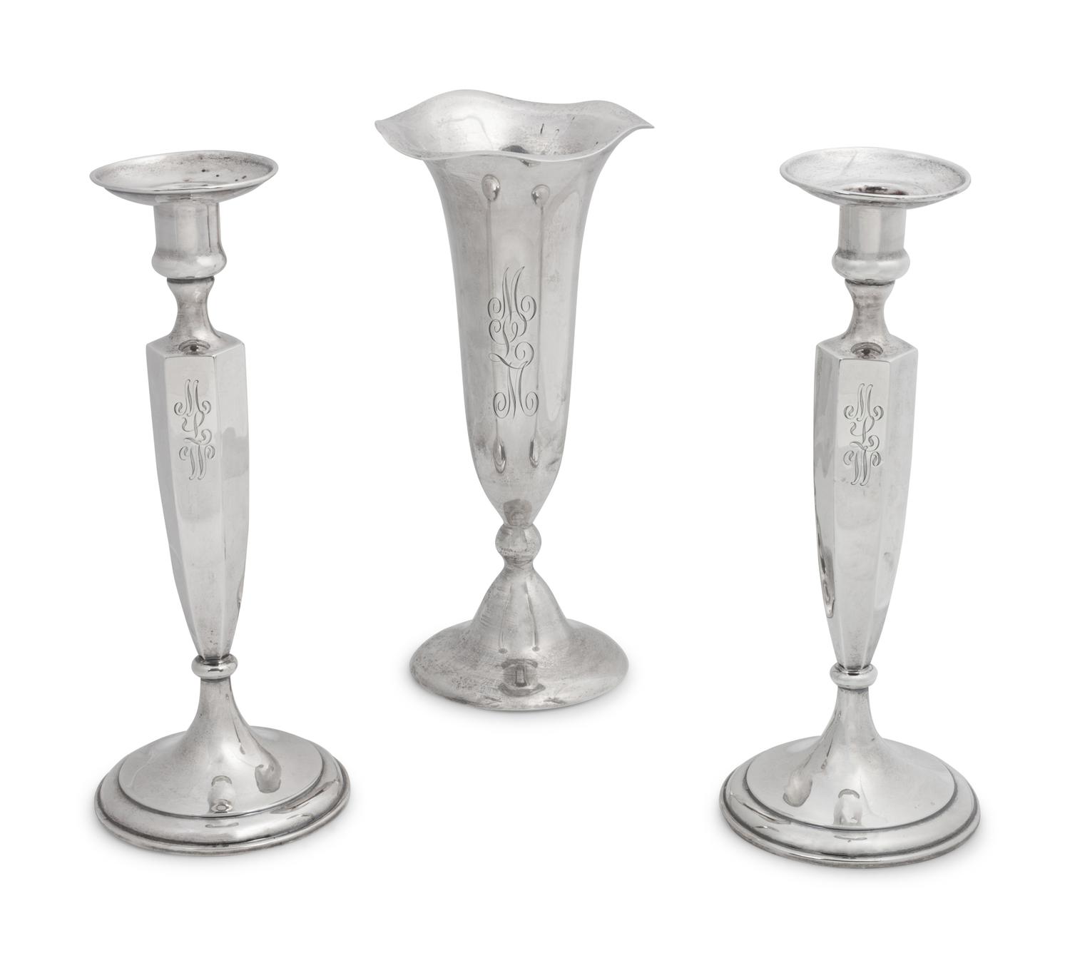 Shreve & Co. Weighted Silver Candlesticks and Vase