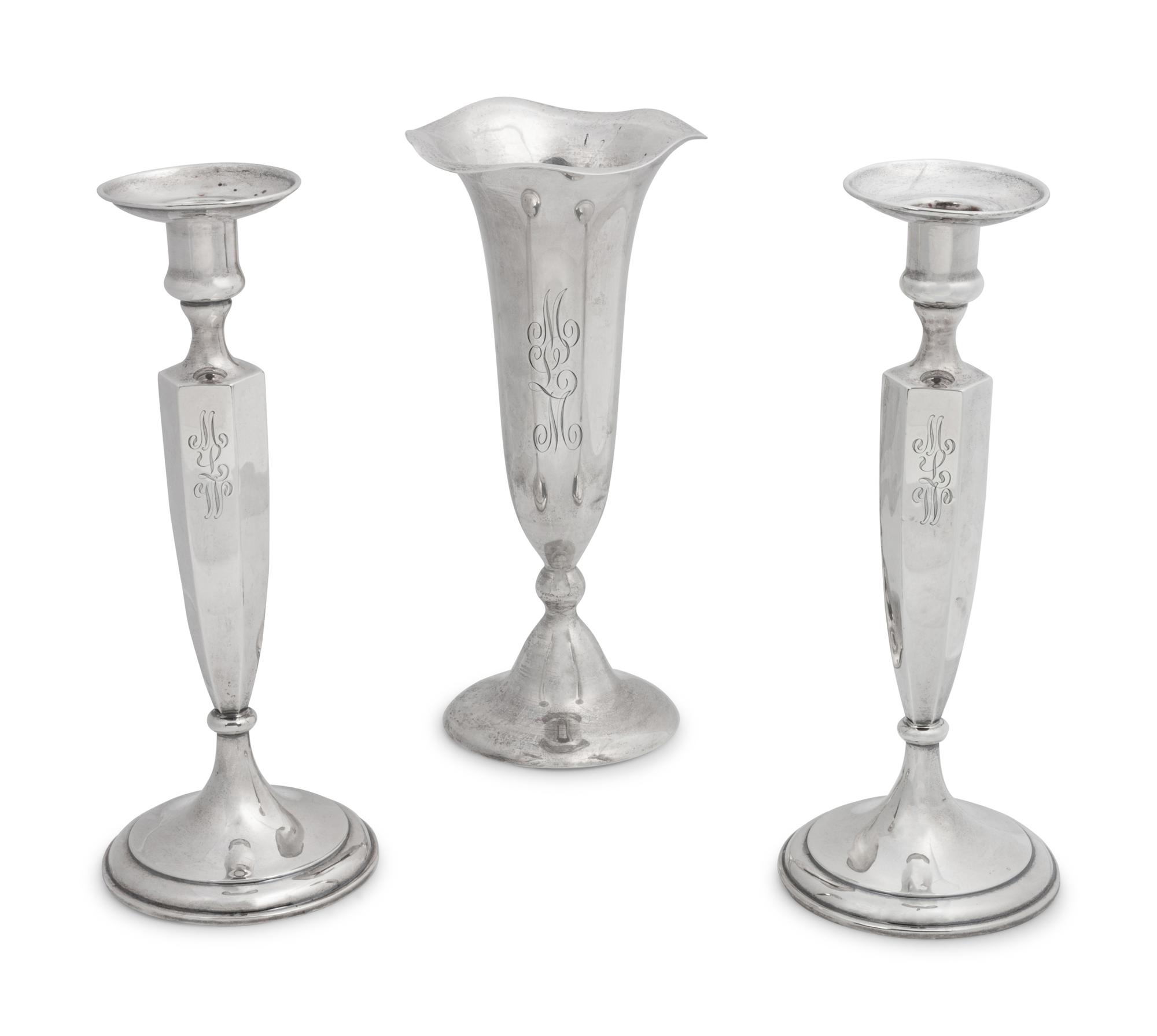 Shreve & Co. Weighted Silver Candlesticks and Vase