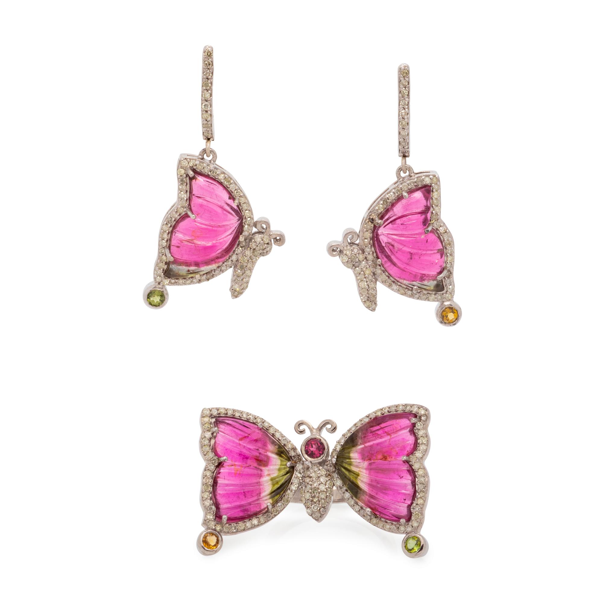 TOURMALINE AND DIAMOND BUTTERFLY SET