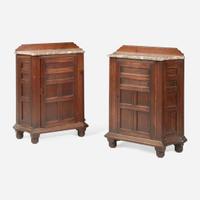 A pair of English Aesthetic Movement oak cabinets with Languedoc marble tops Attributed to Philip Webb (English, 1831-1915), England, circa 1870