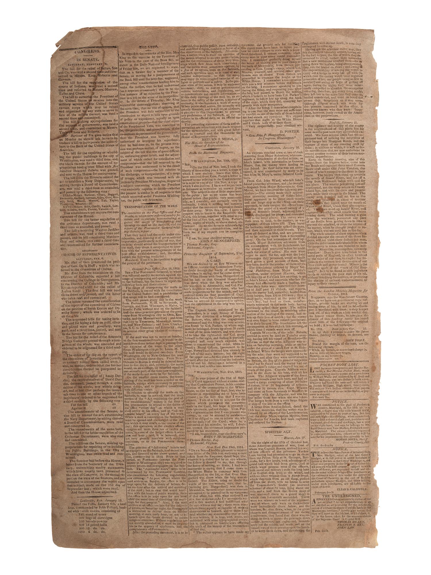 [WAR OF 1812]. National Intelligencer. Vol. XVI, No. 2243. Washington, 7 February 1815.