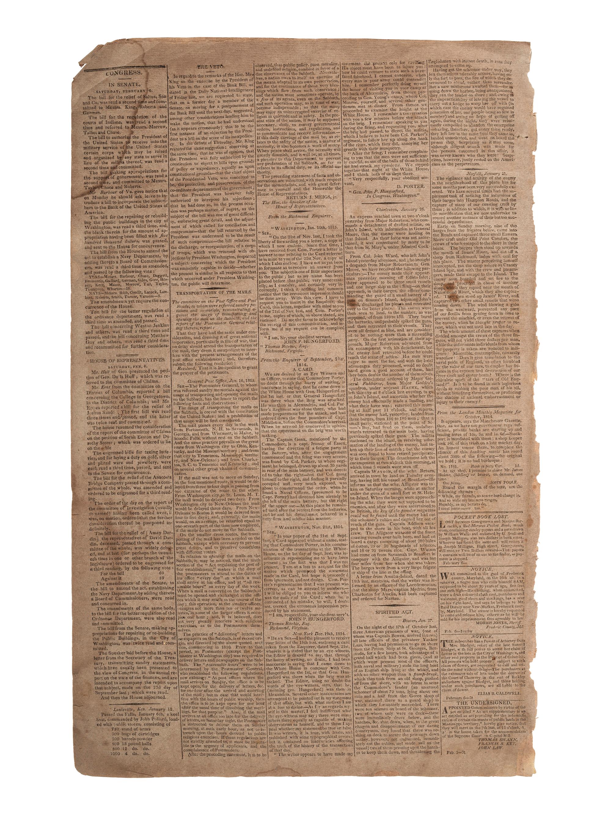 [WAR OF 1812]. National Intelligencer. Vol. XVI, No. 2243. Washington, 7 February 1815.