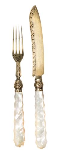 A Victorian Silver-Gilt and Mother-of-Pearl Dessert Service, Joseph Rodgers & Sons, Sheffield, 1868, each with a carved mother-of-pearl