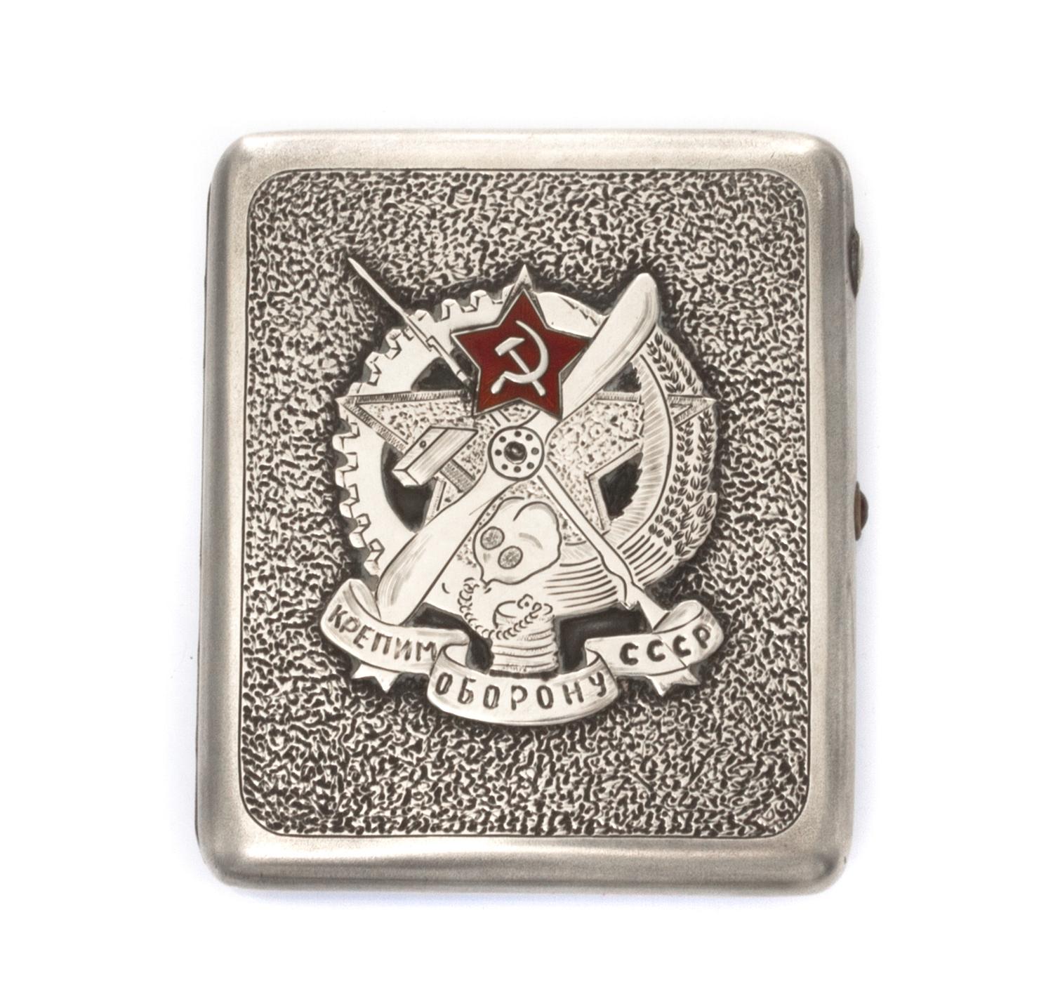 A Russian Silver and Enamel Cigarette Case, Mark of a Soviet-era Artel, Moscow, of rectangular form, the lid applied with the seal of O