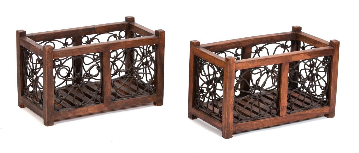 A Pair of Wrought Iron and Wood Racks Height 13 x width 21 inches. — 20TH CENTURY