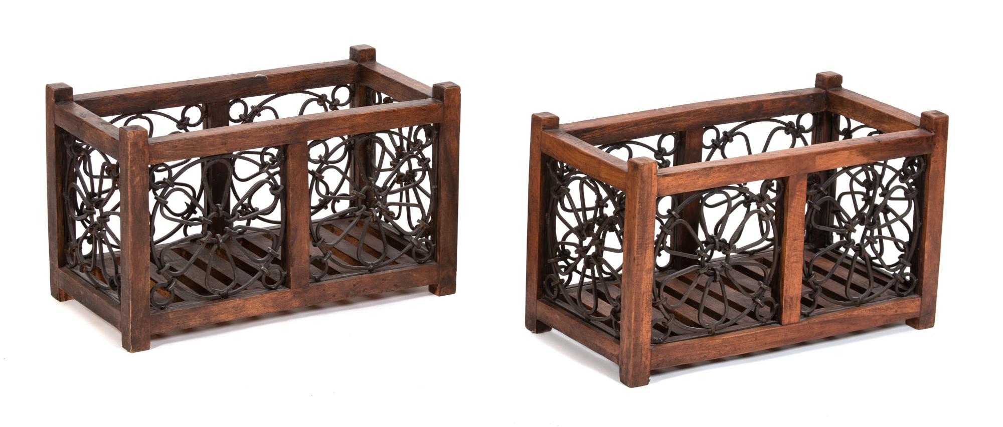 A Pair of Wrought Iron and Wood Racks Height 13 x width 21 inches. — 20TH CENTURY