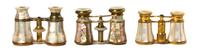 Three Pairs of French Mother-of-Pearl Veneered Opera Glasses, Width of widest 4 1/8 inches.