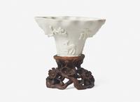 Three Chinese Dehua Porcelain Libation Cups and a Wood Stand