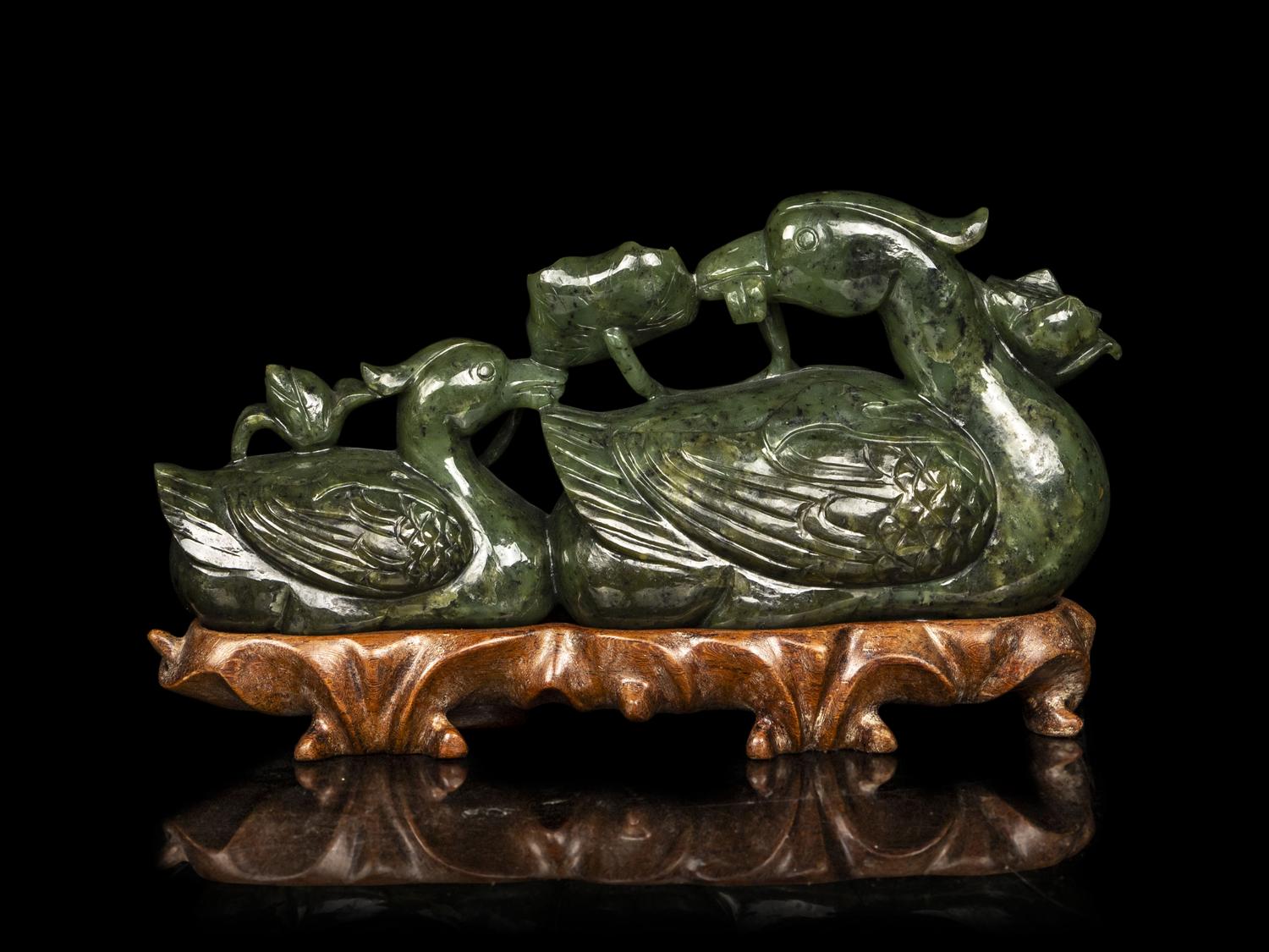A Chinese Spinach Jade Carving of Mandarin Ducks