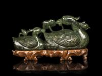 A Chinese Spinach Jade Carving of Mandarin Ducks