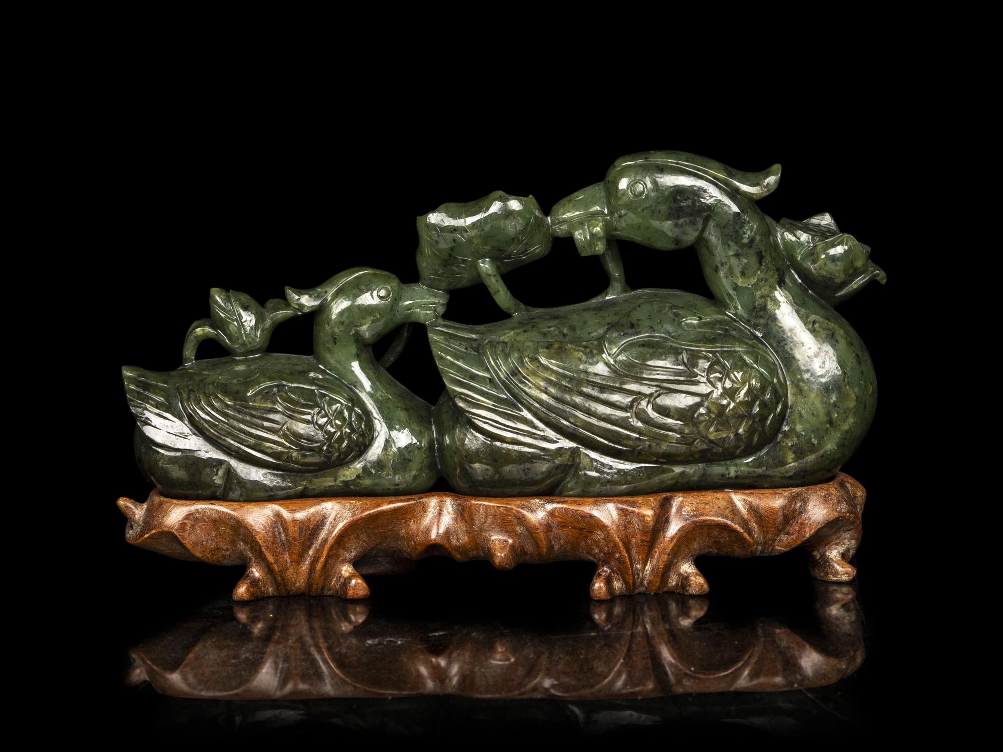 A Chinese Spinach Jade Carving of Mandarin Ducks