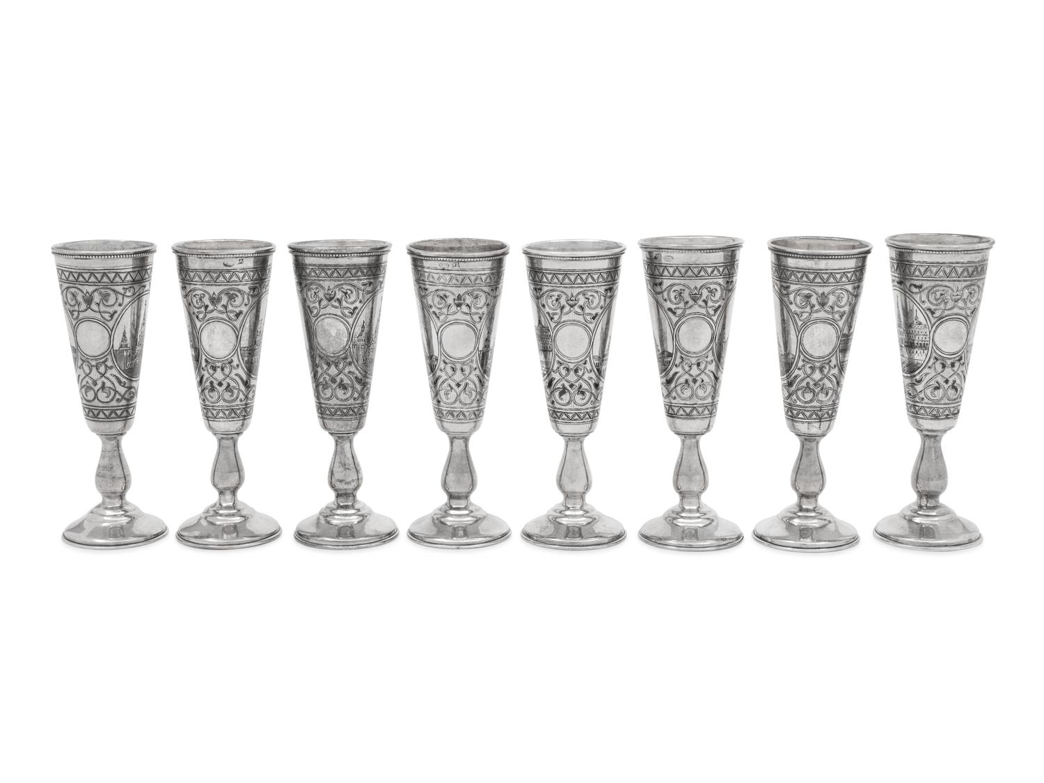 A Set of Eight Russian Niello Silver Cordials