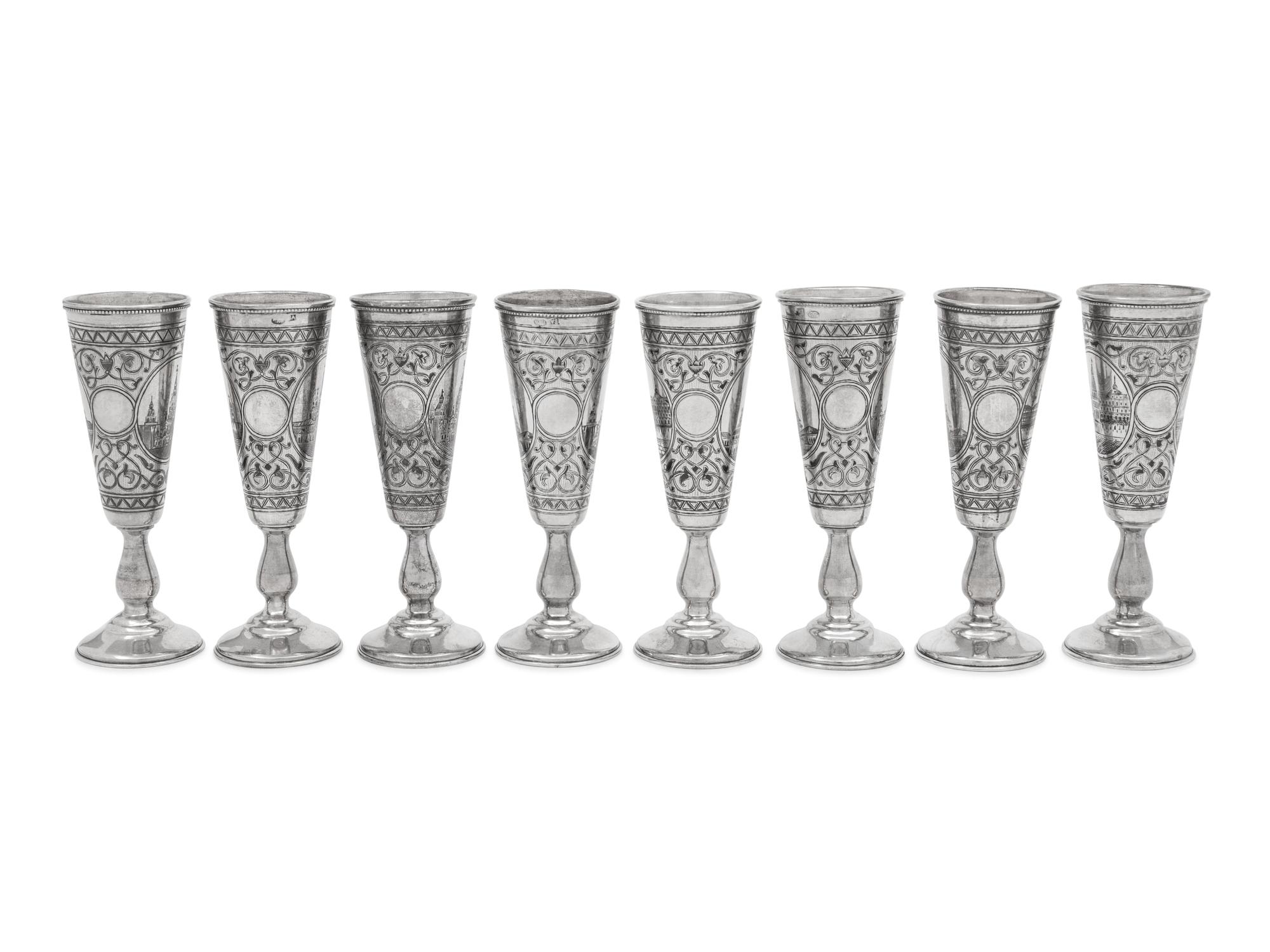 A Set of Eight Russian Niello Silver Cordials