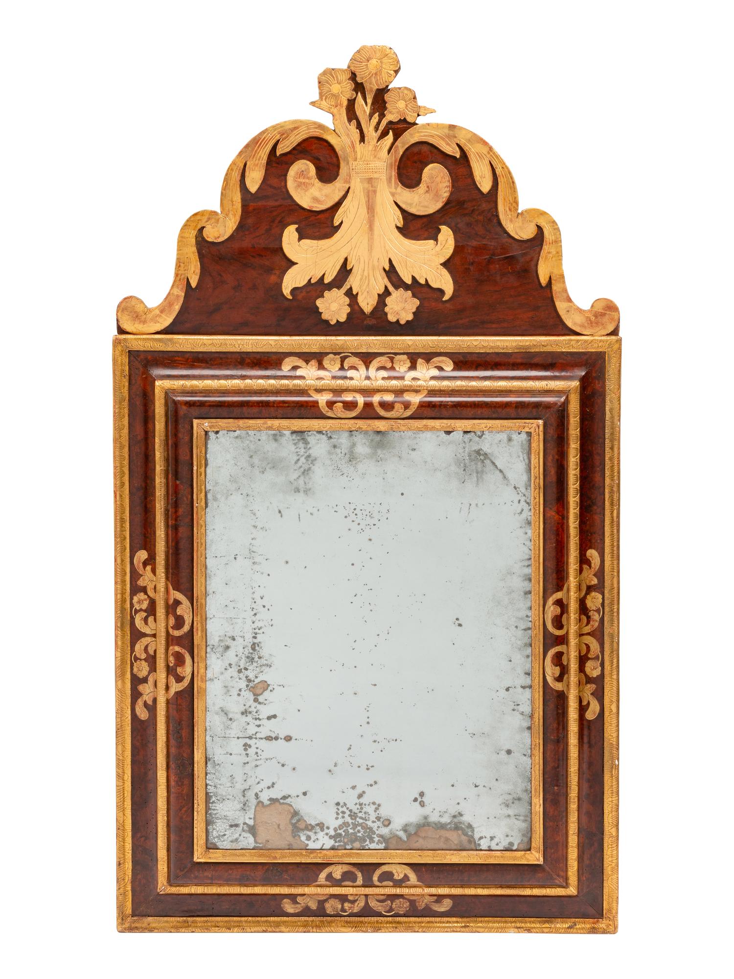 A Continental Parcel Gilt Burl Walnut Mirror