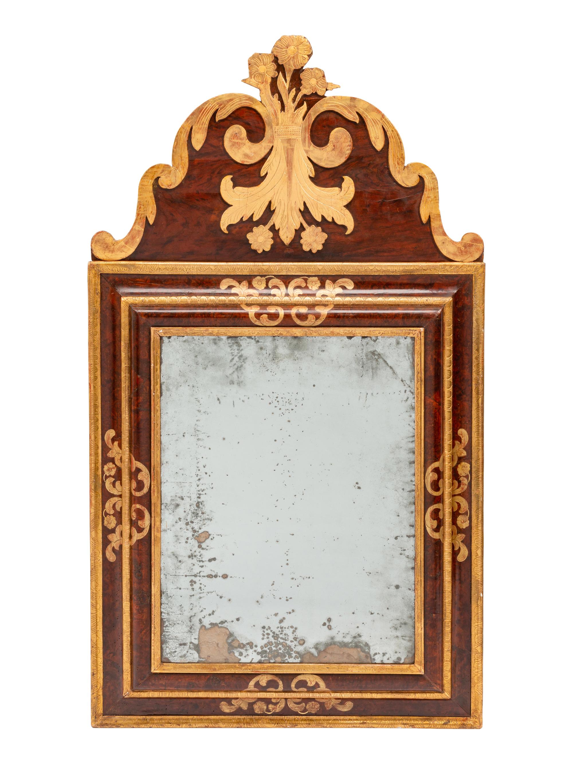 A Continental Parcel Gilt Burl Walnut Mirror