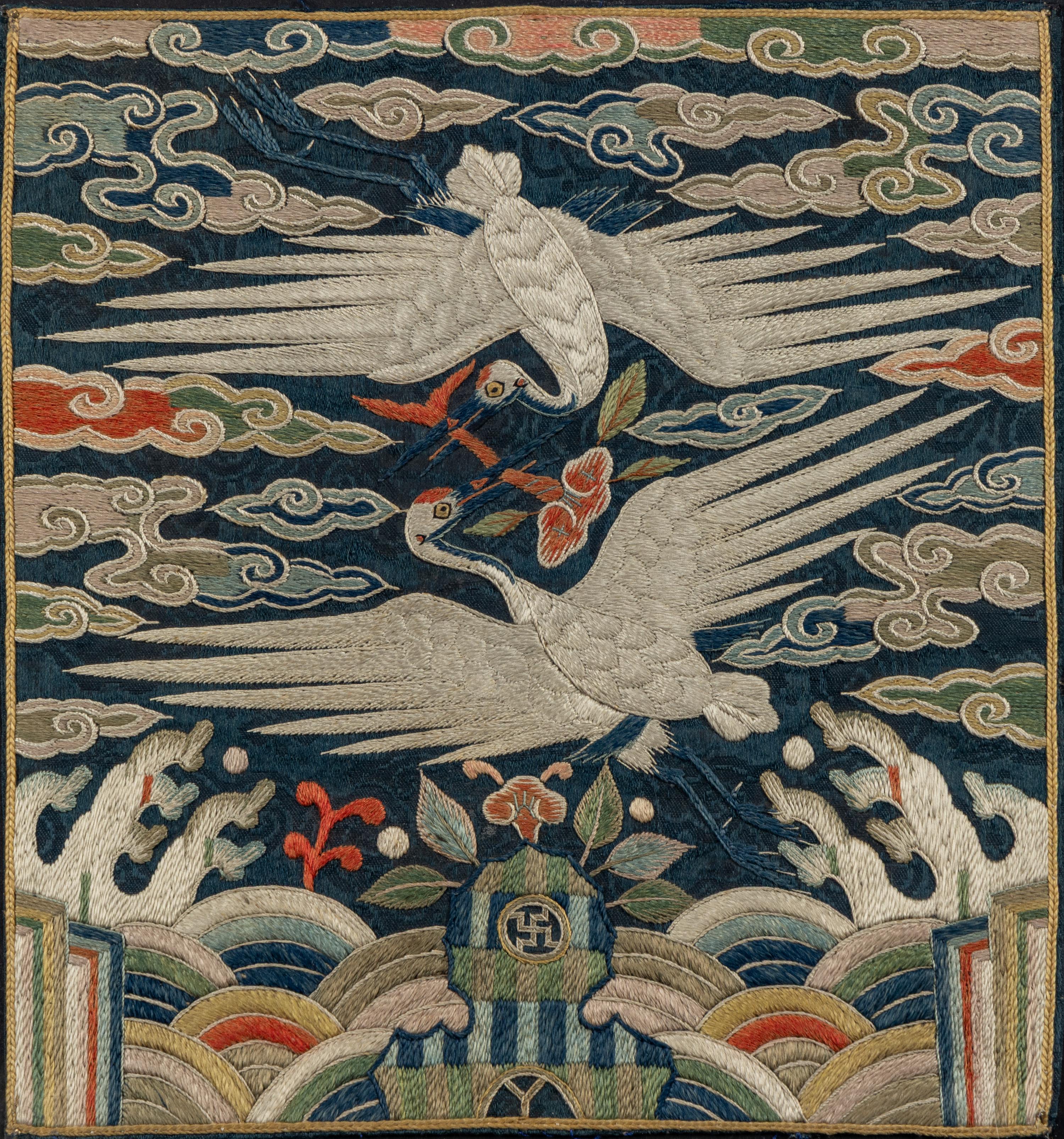 Five Korean Embroidered Silk 'Crane' Civil Official Rank Badges, Joseon Dynasty, 19th Century