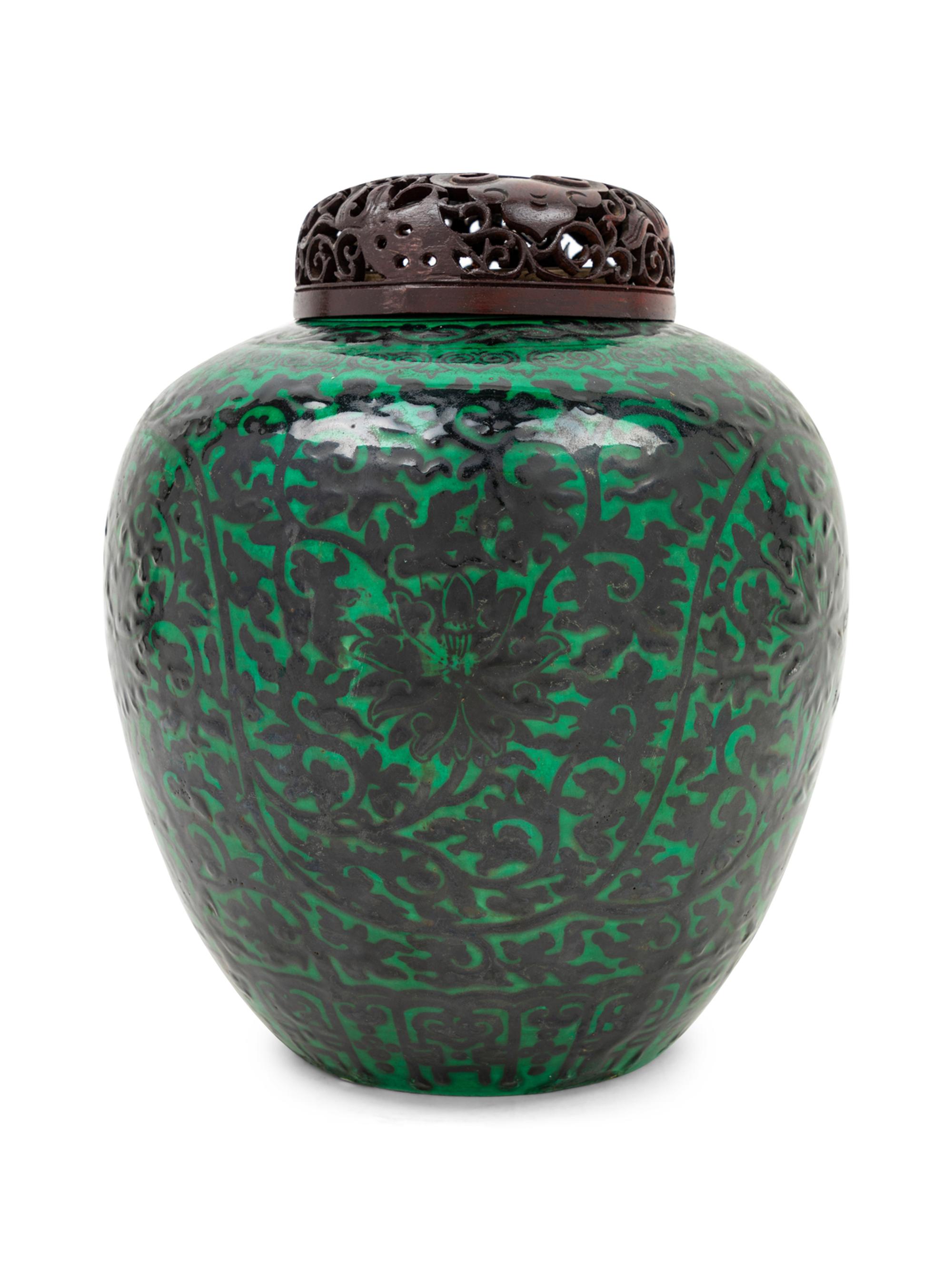 A Chinese Black Decorated Green Glazed Ginger Jar