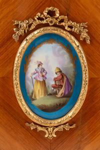 A French Gilt Bronze and Porcelain Plaque-Mounted Kingwood and Tulipwood Marble-Top Cabinet