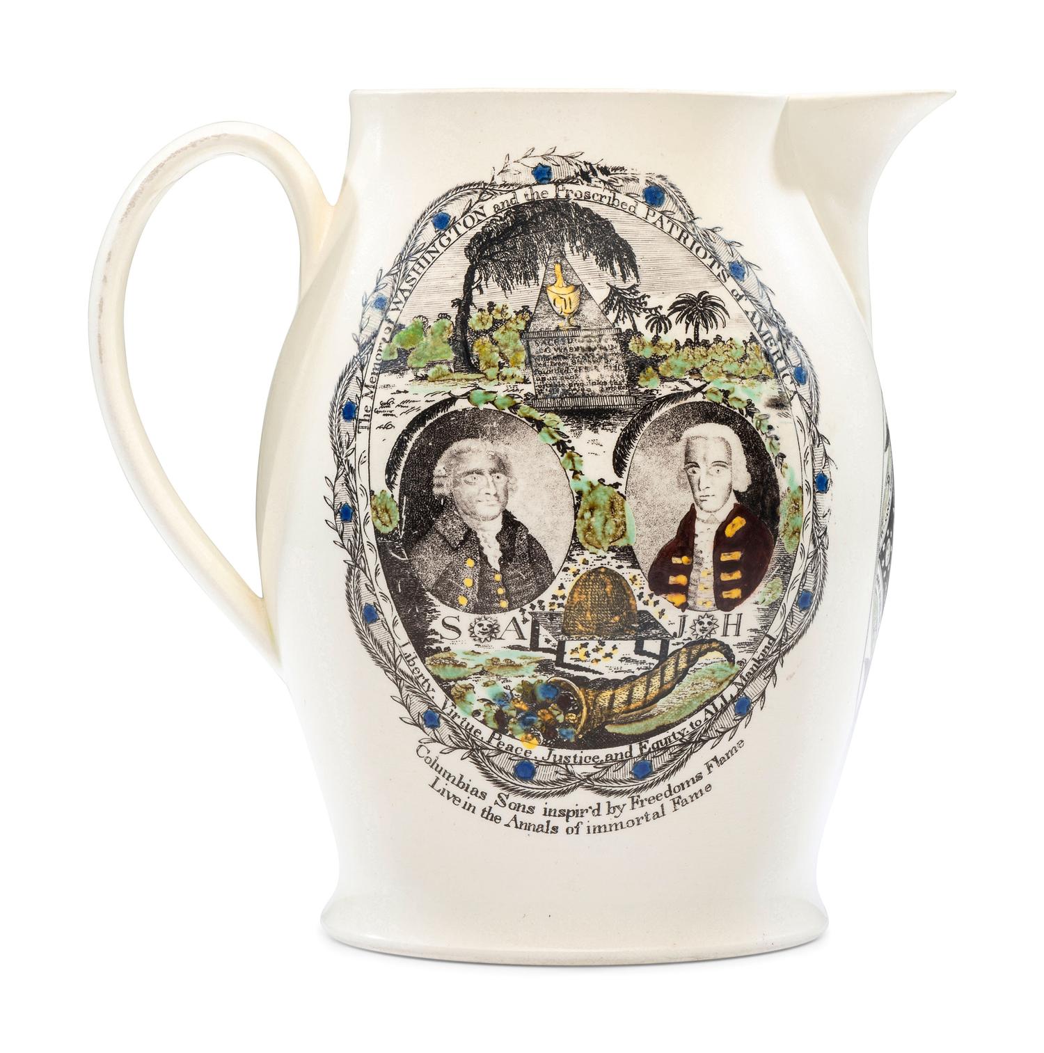 A Liverpool Transfer-Printed Creamware 'Proscribed Patriots / Success to America' Pitcher with Polychrome Embellishment