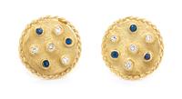 A Pair of 18 Karat Yellow Gold, Diamond and Sapphire Stud Earrings, 2.90 dwts.
