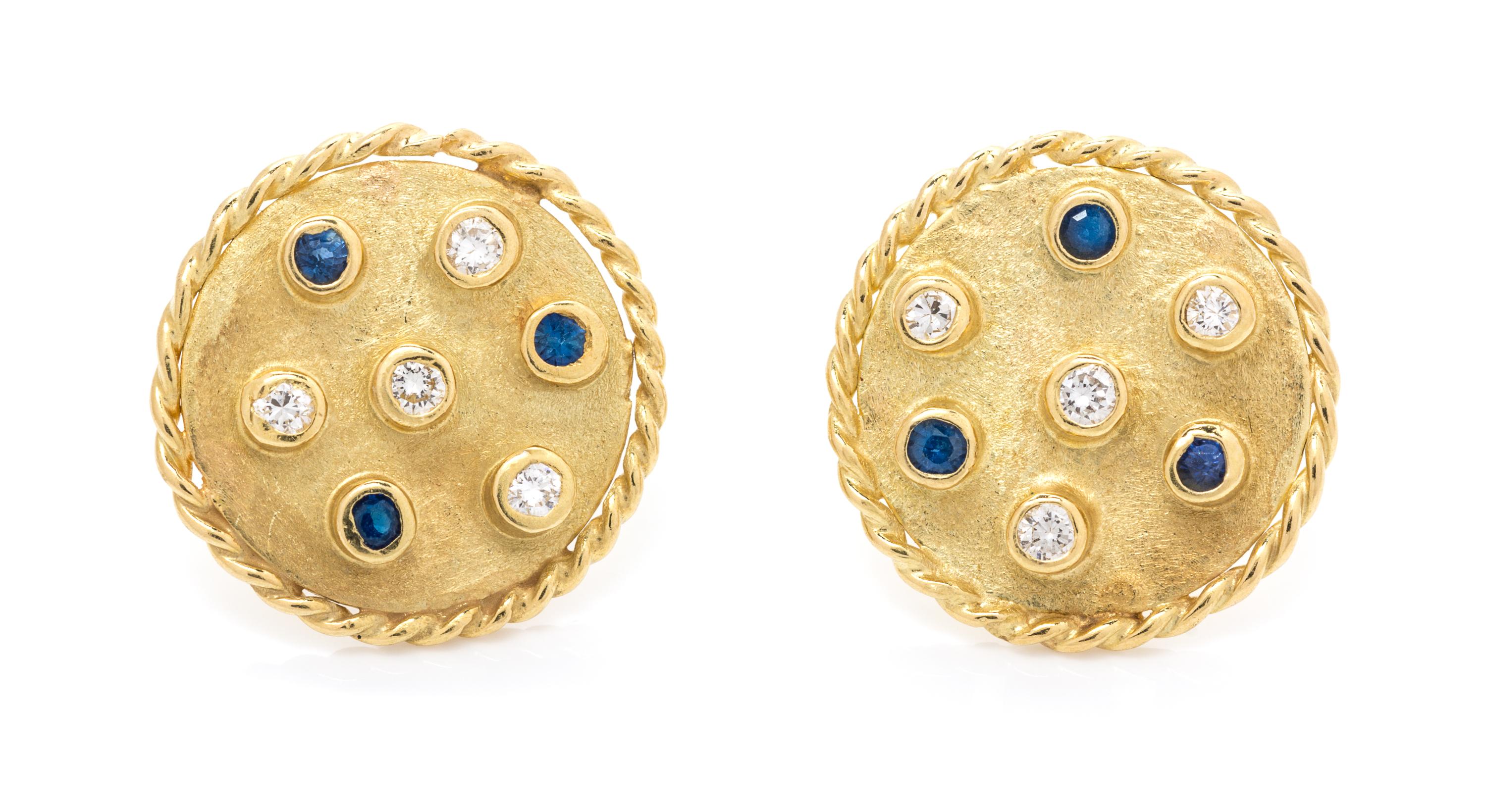 A Pair of 18 Karat Yellow Gold, Diamond and Sapphire Stud Earrings, 2.90 dwts.