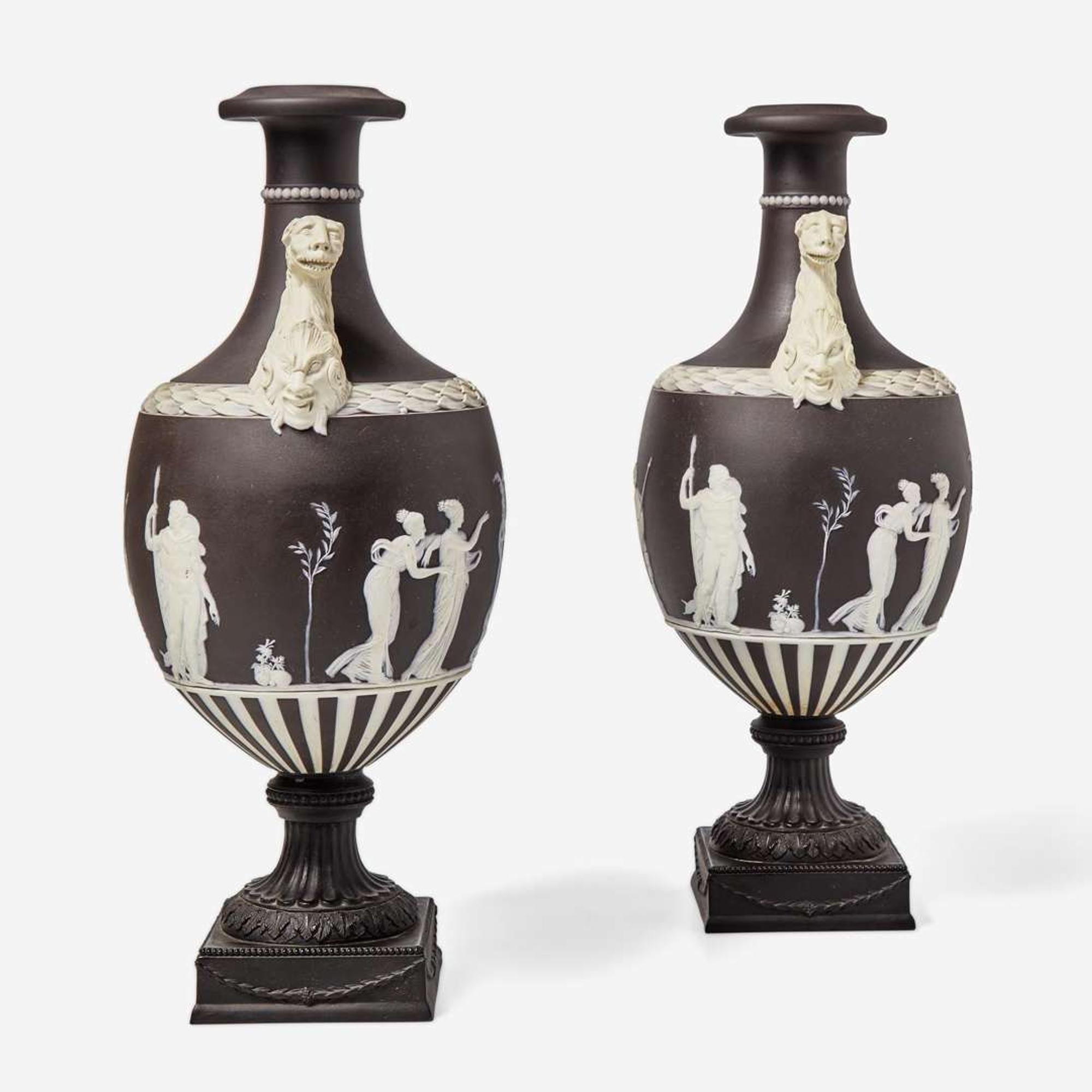 A Pair of Wedgwood Black Dip Jasperware and Black Basalt "Panther" Vases UK, late 19th century
