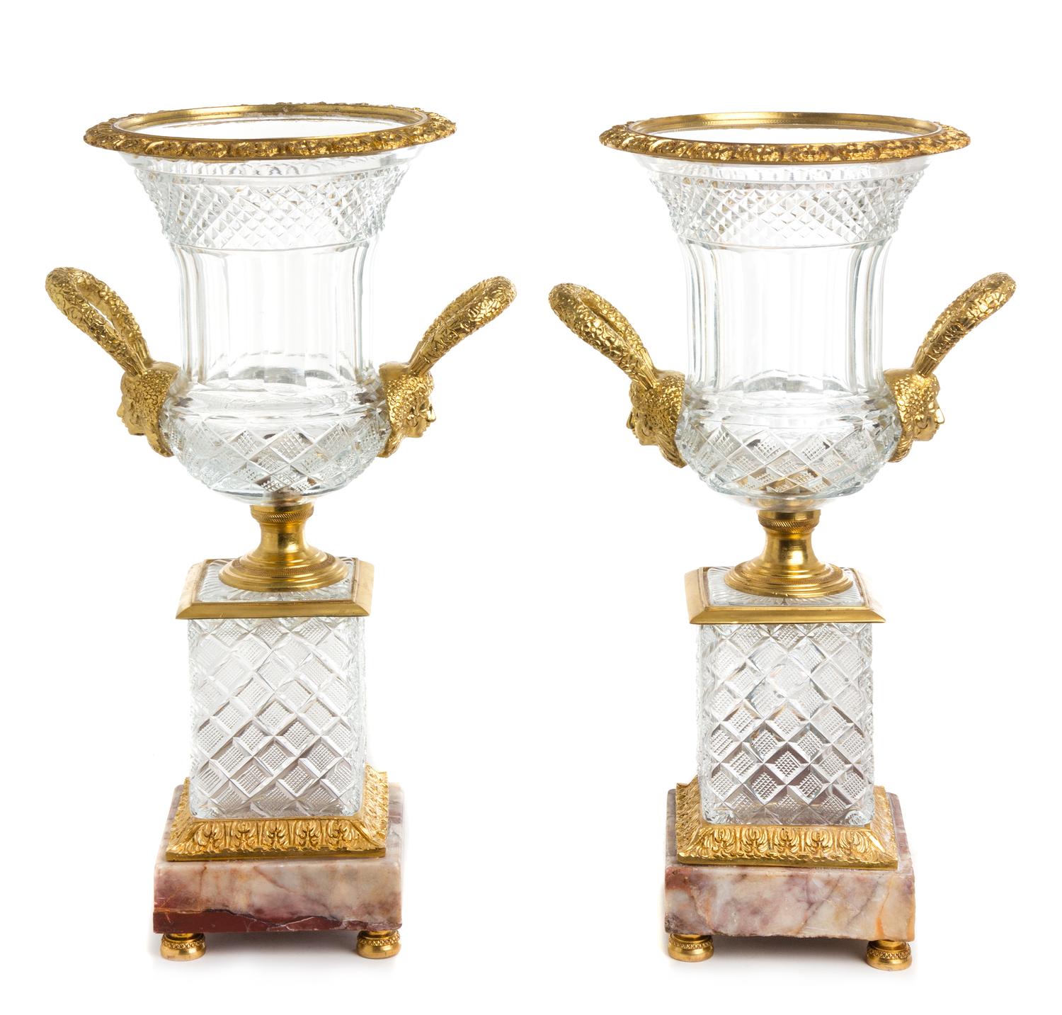 A Pair of Neoclassical Style Gilt Metal Mounted Cut Glass Urns Height 17 3/8 inches. — 20TH CENTURY