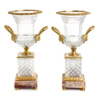 A Pair of Neoclassical Style Gilt Metal Mounted Cut Glass Urns Height 17 3/8 inches. — 20TH CENTURY