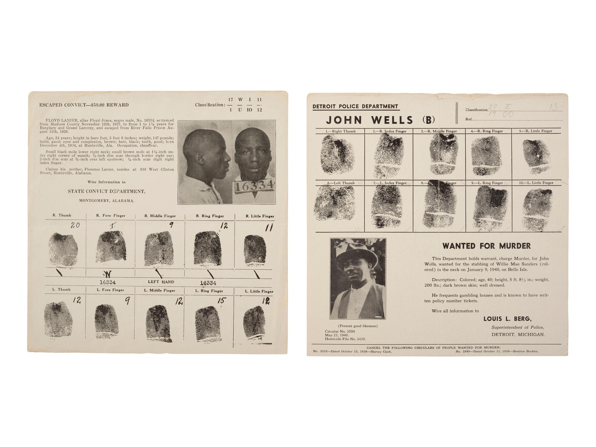 [CRIME & PUNISHMENT]. A group of 3 wanted posters of African American men issued in St. Louis, MO, Detroit, MI, and Montgomery, AL. Ca 1900s-1930s.