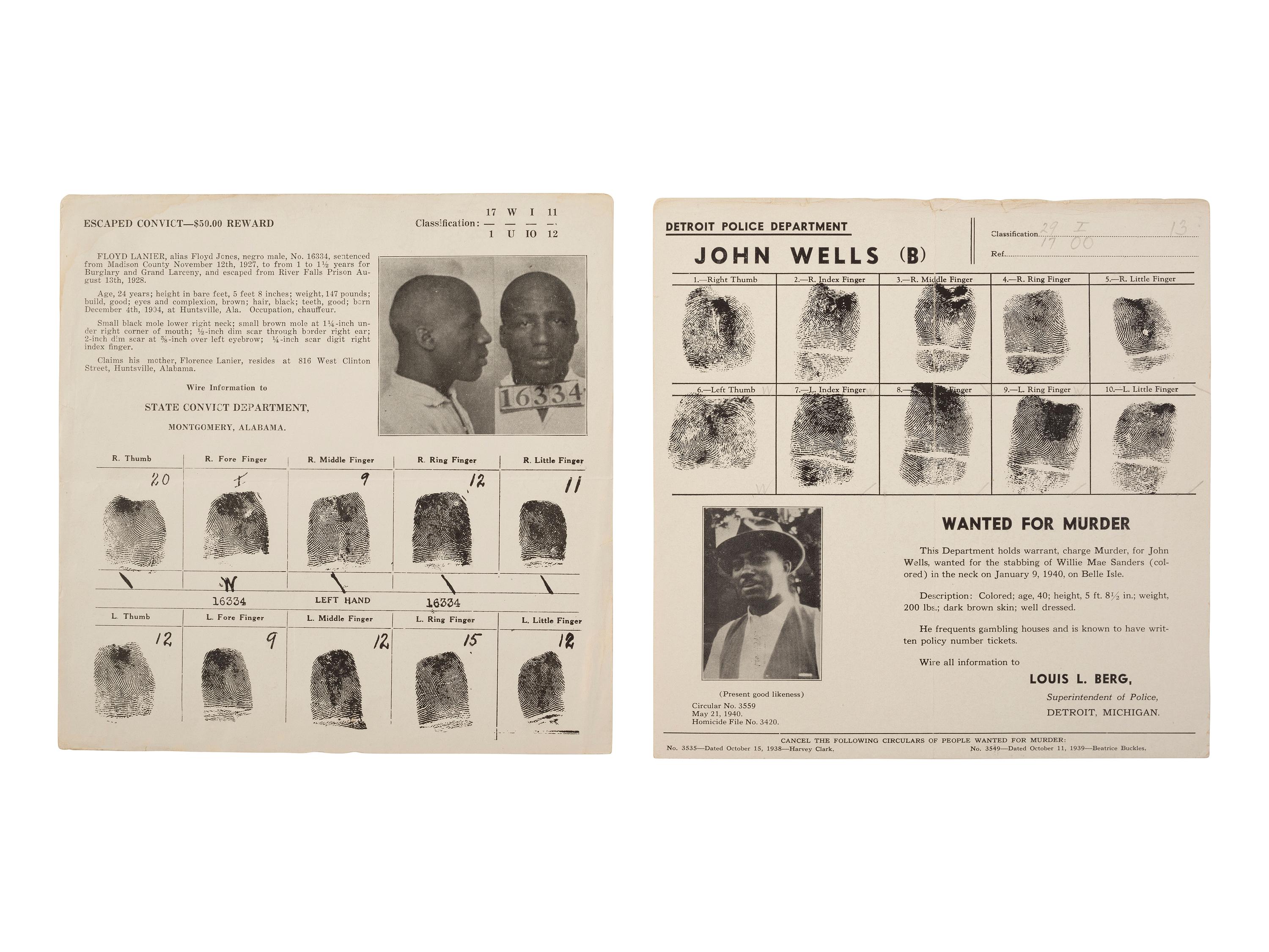 [CRIME & PUNISHMENT]. A group of 3 wanted posters of African American men issued in St. Louis, MO, Detroit, MI, and Montgomery, AL. Ca 1900s-1930s.