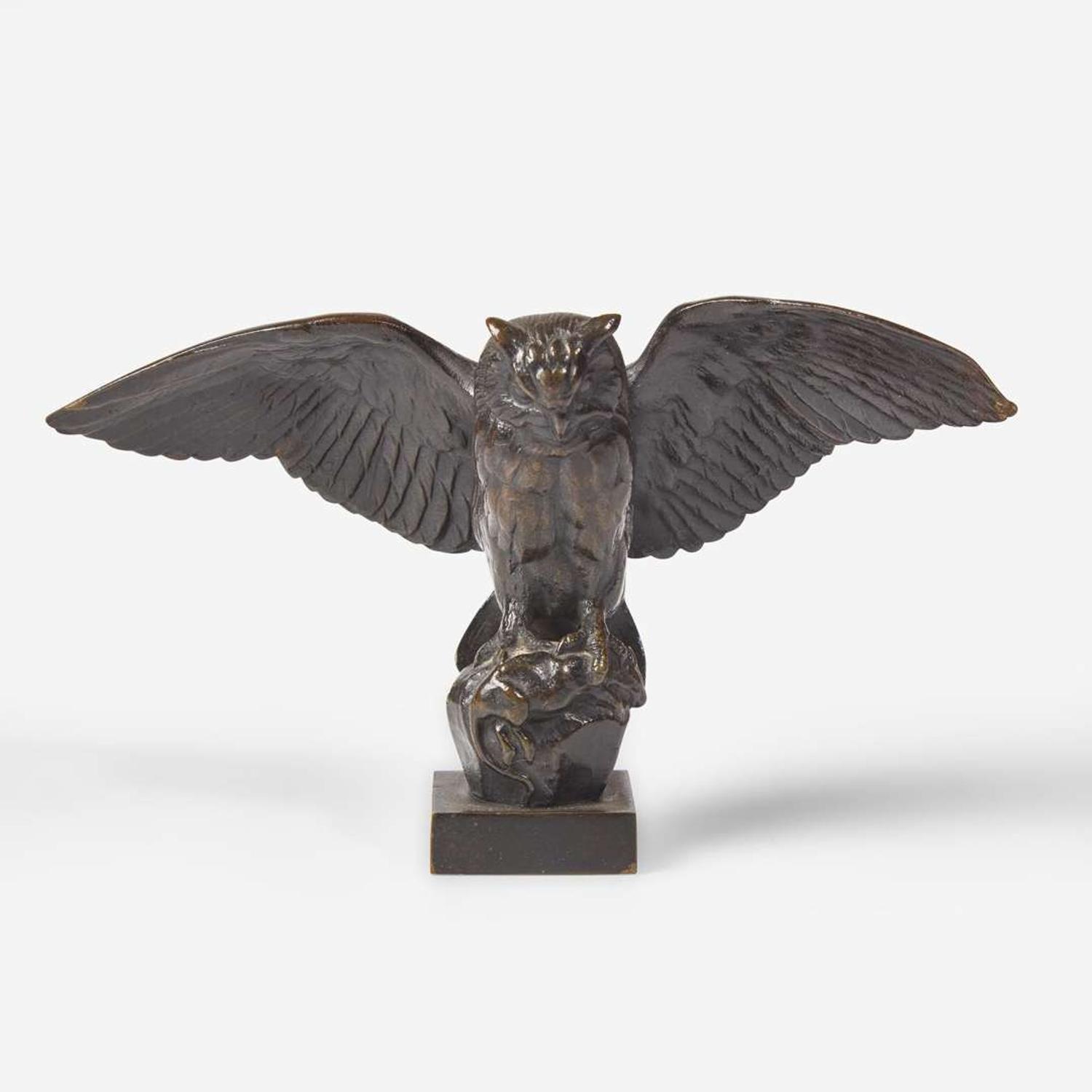 Antoine-Louis Barye (French, 1795-1875) Three Small Works: Eagle with Outstretched Wings, Owl Hunting Rat, and Seated Cat, Cast by Ferdinand Barbedienne (French, 1810-1892), late 19th century