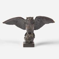 Antoine-Louis Barye (French, 1795-1875) Three Small Works: Eagle with Outstretched Wings, Owl Hunting Rat, and Seated Cat, Cast by Ferdinand Barbedienne (French, 1810-1892), late 19th century
