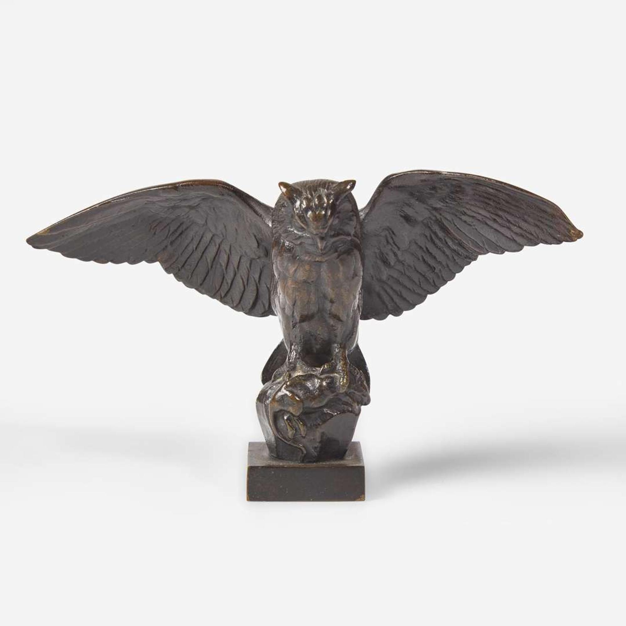 Antoine-Louis Barye (French, 1795-1875) Three Small Works: Eagle with Outstretched Wings, Owl Hunting Rat, and Seated Cat, Cast by Ferdinand Barbedienne (French, 1810-1892), late 19th century