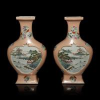 A Pair of Chinese Apricot Ground Famille Rose Porcelain 'Landscape' Vases, 20th Century — 近代 杏子地粉彩開光山水圖瓶一對