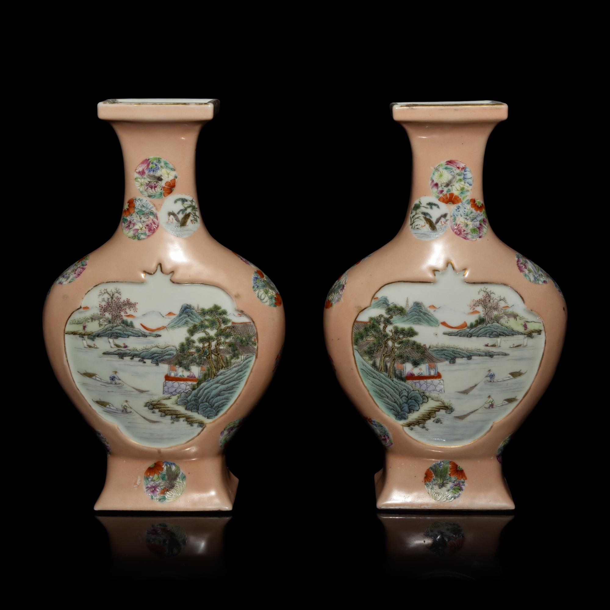 A Pair of Chinese Apricot Ground Famille Rose Porcelain 'Landscape' Vases, 20th Century — 近代 杏子地粉彩開光山水圖瓶一對