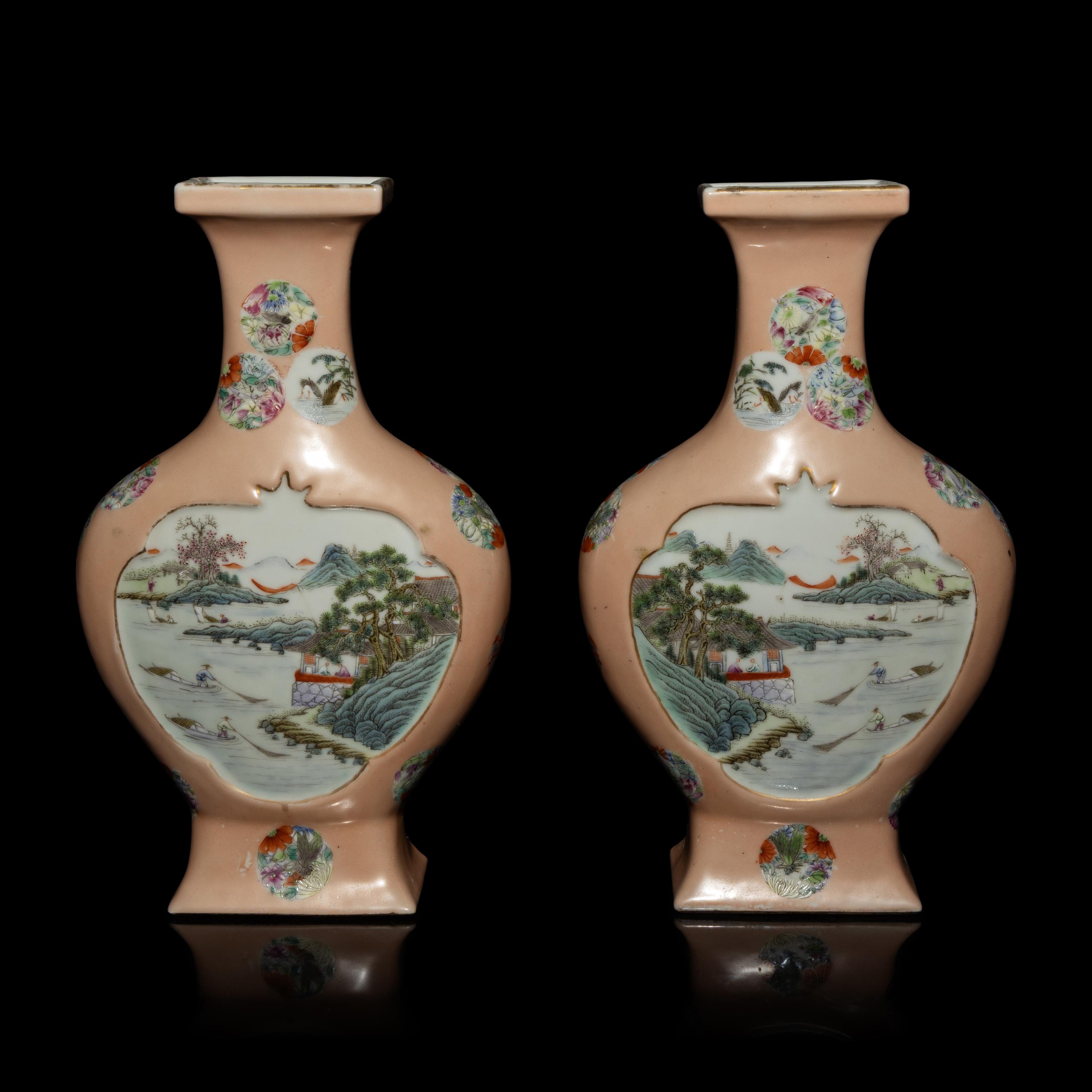 A Pair of Chinese Apricot Ground Famille Rose Porcelain 'Landscape' Vases, 20th Century — 近代 杏子地粉彩開光山水圖瓶一對