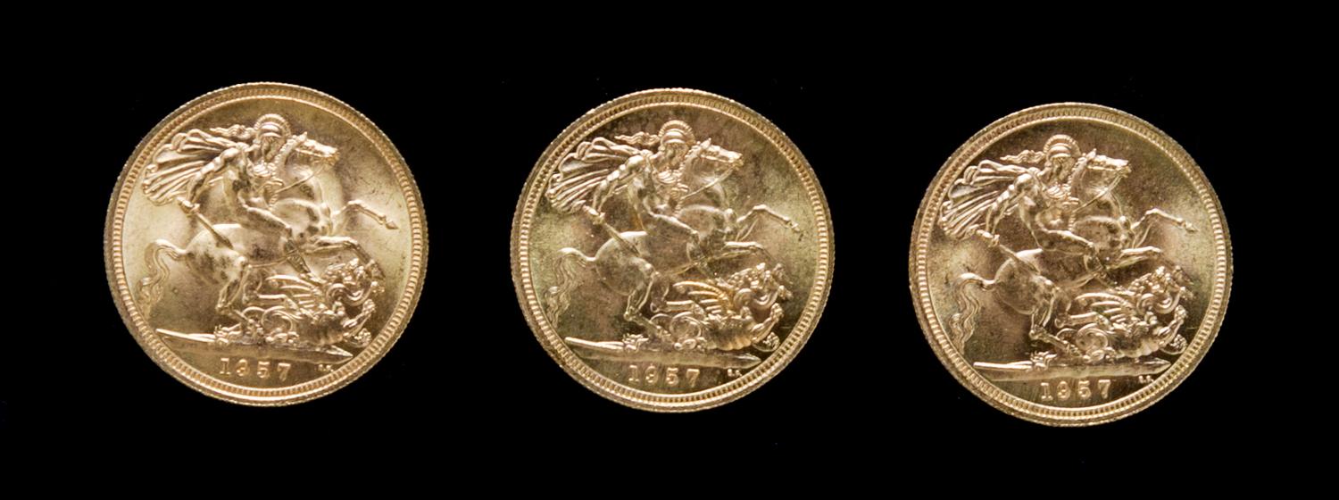 A Group of Three Great Britain 1957 Sovereign Gold Coins