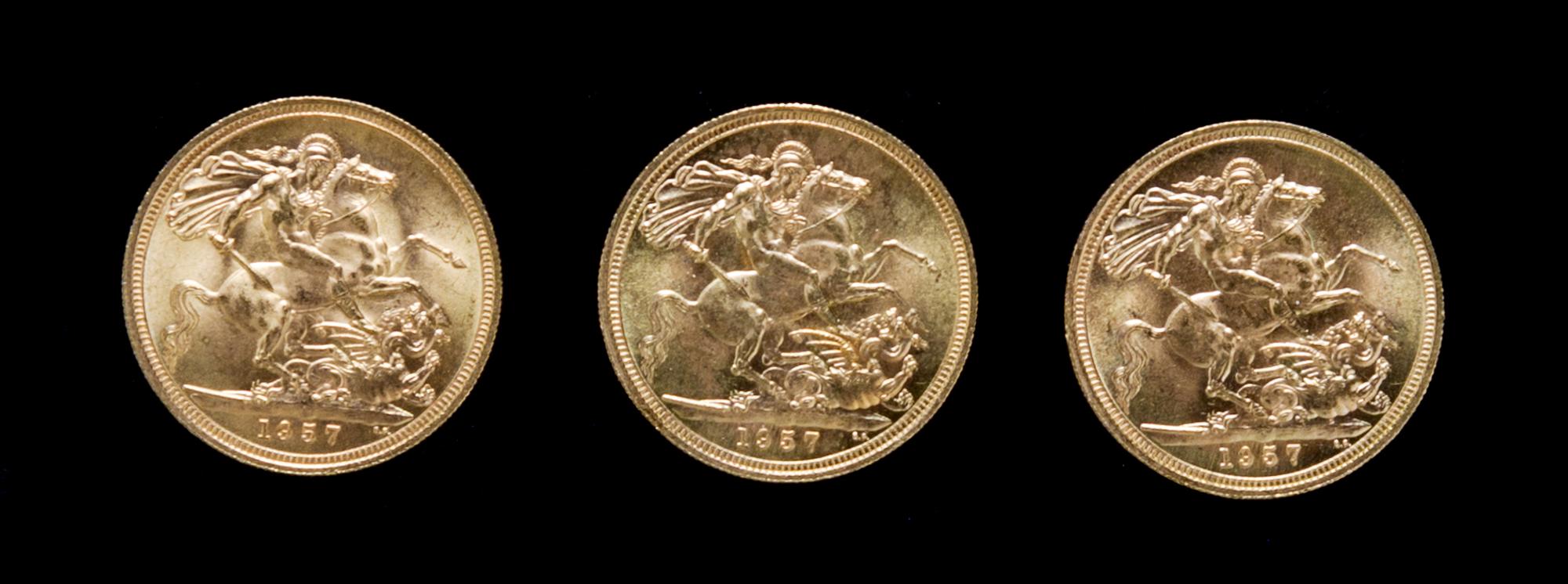 A Group of Three Great Britain 1957 Sovereign Gold Coins