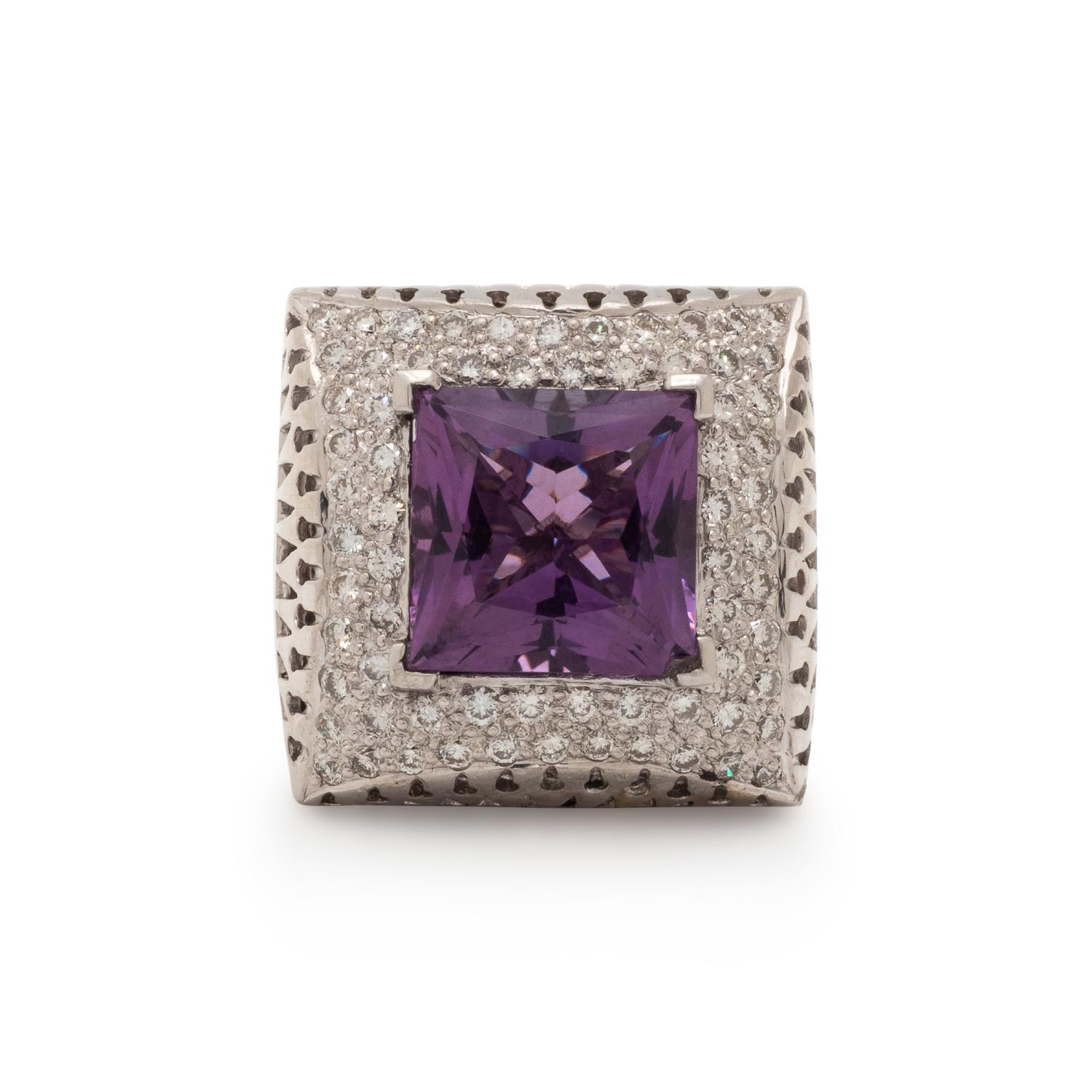 AMETHYST, DIAMOND, AND WHITE GOLD RING