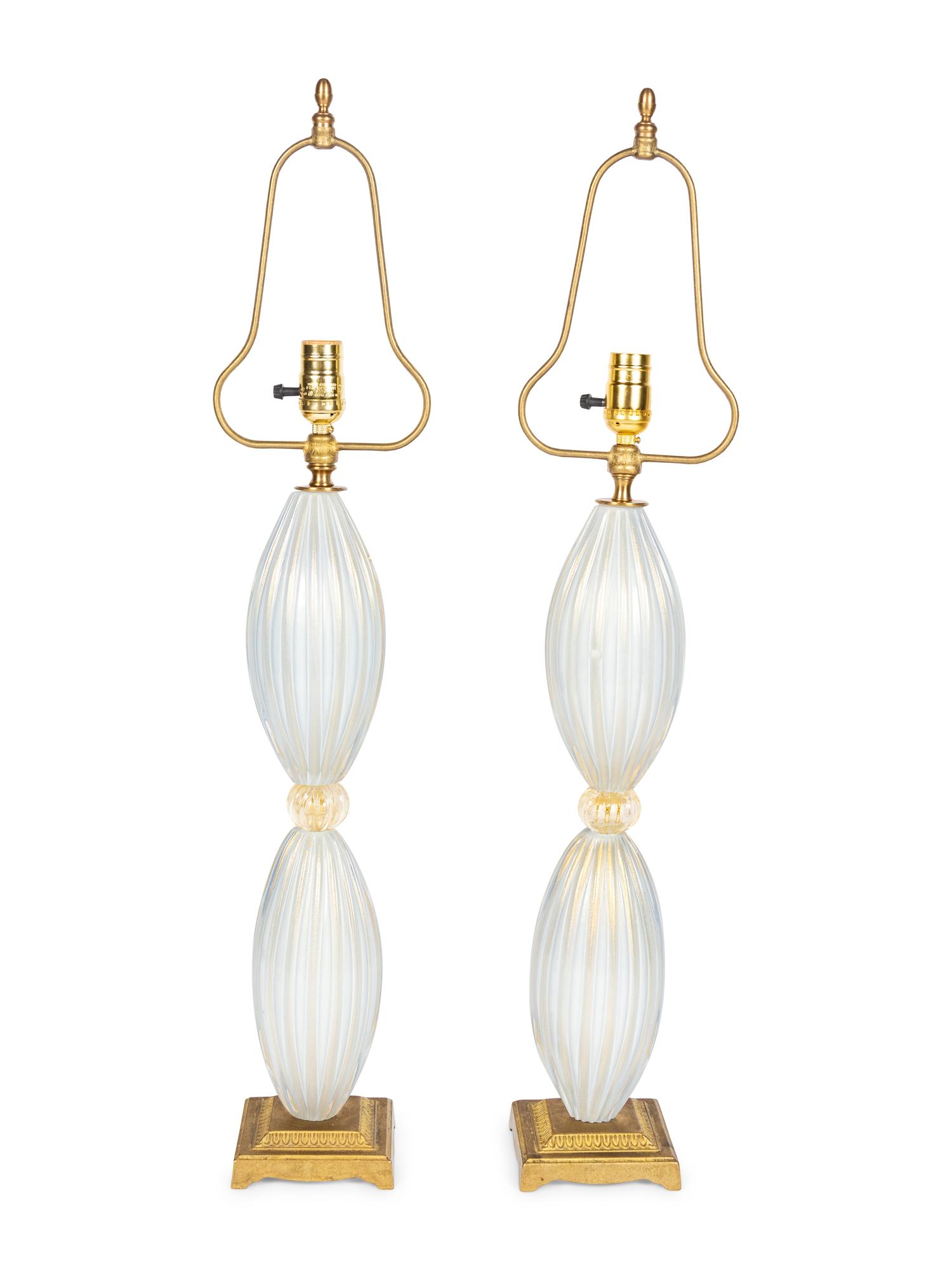 A Pair of Murano Glass Lamps with Pleated Shades
