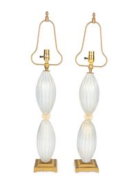 A Pair of Murano Glass Lamps with Pleated Shades