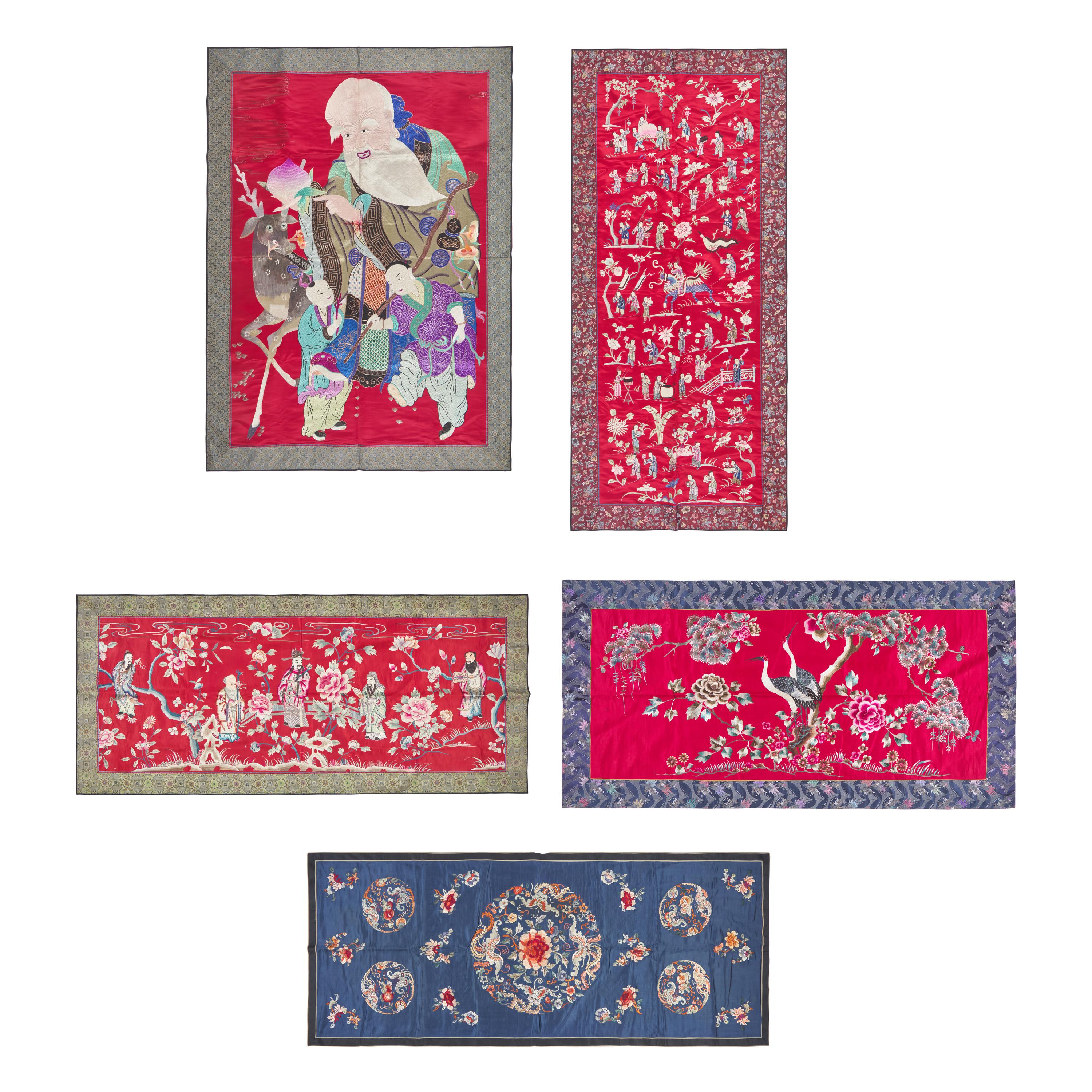 Five Chinese Embroidered Silk Panels, Late 19th-20th Century — 晚清-民國 綉片一組五幅