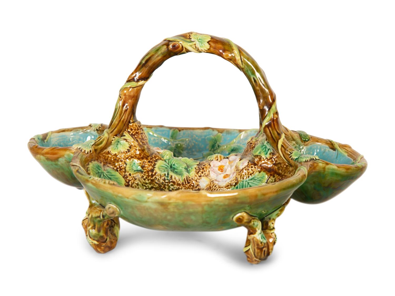 Two George Jones Majolica Strawberry Dishes and Acanthus Footed Bowl, and a Strawberry-Blossom Dish — Last-Half, 19th Century