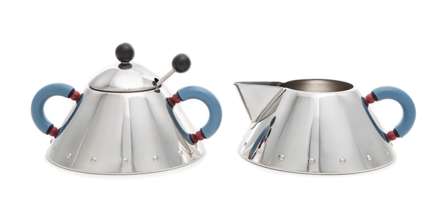 Michael Graves (American, 1934-2015), Alessi, Italy, 1985, a creamer, model no. 9096, and sugar bowl with spoon, model no. 9097