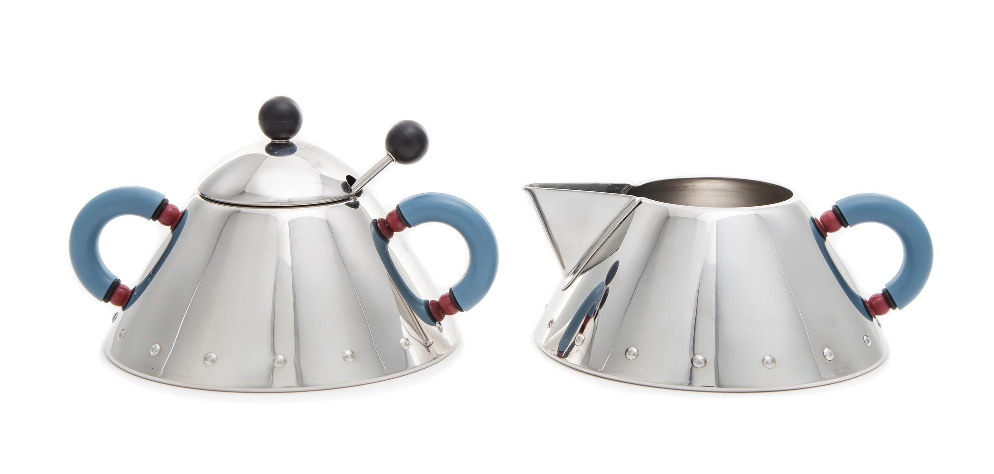 Michael Graves (American, 1934-2015), Alessi, Italy, 1985, a creamer, model no. 9096, and sugar bowl with spoon, model no. 9097