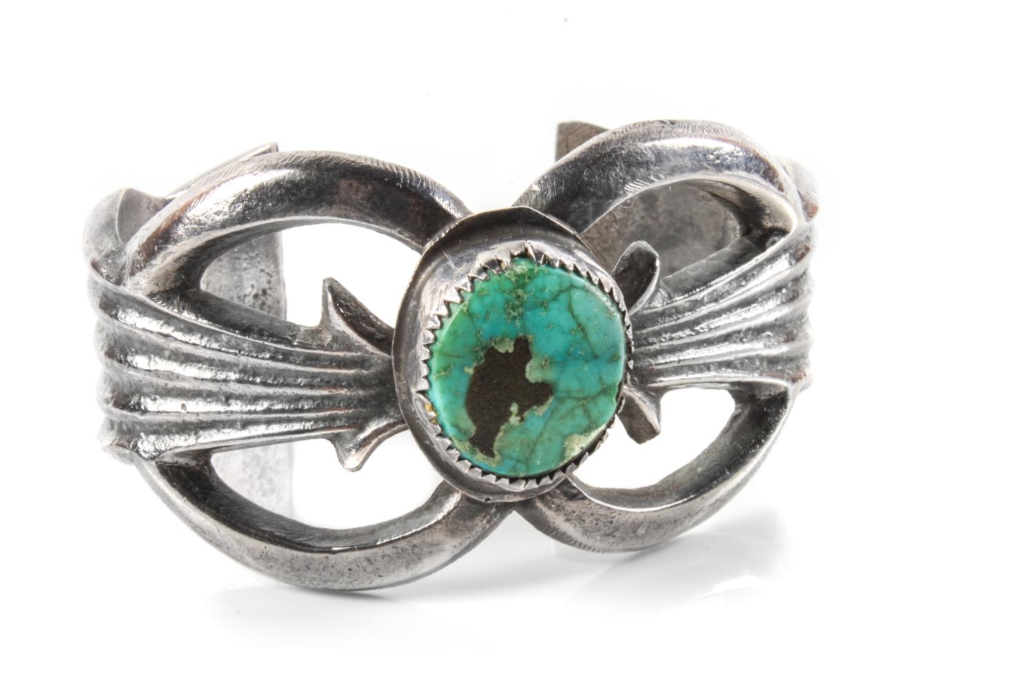 Southwestern Sand-Cast Silver and Turquoise Cuff Bracelet Length 5 x opening 1 x width 1 3/8 inches