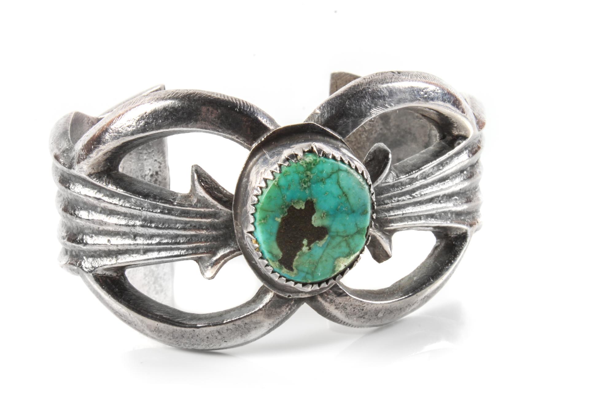 Southwestern Sand-Cast Silver and Turquoise Cuff Bracelet Length 5 x opening 1 x width 1 3/8 inches