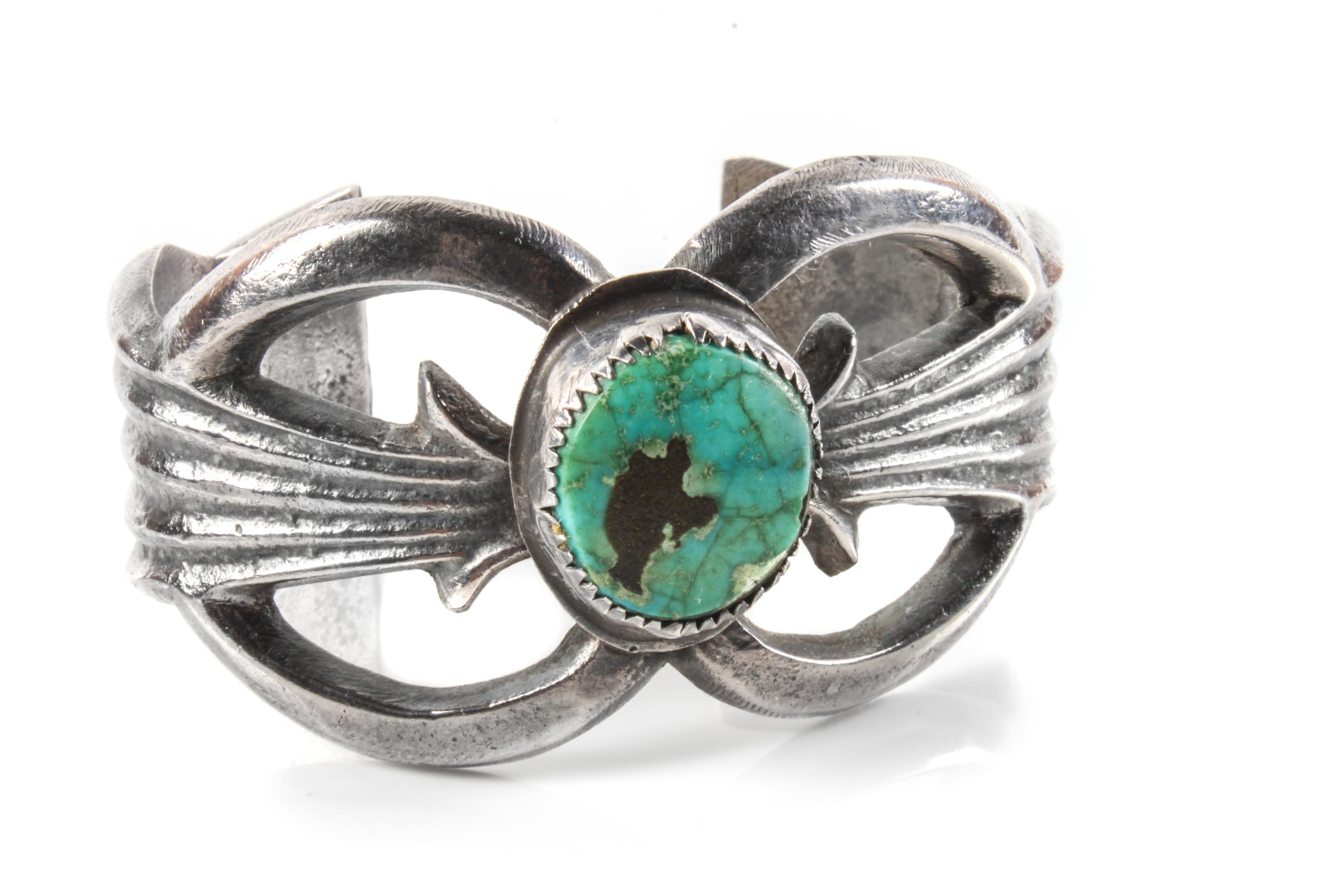 Southwestern Sand-Cast Silver and Turquoise Cuff Bracelet Length 5 x opening 1 x width 1 3/8 inches