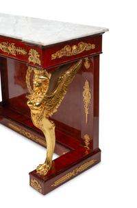 A Pair of Empire Style Gilt Metal Mounted Walnut Marble-Top Pier Tables