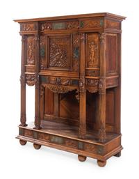 A French Renaissance Revival Carved Walnut and Marble-Inset Court Cupboard